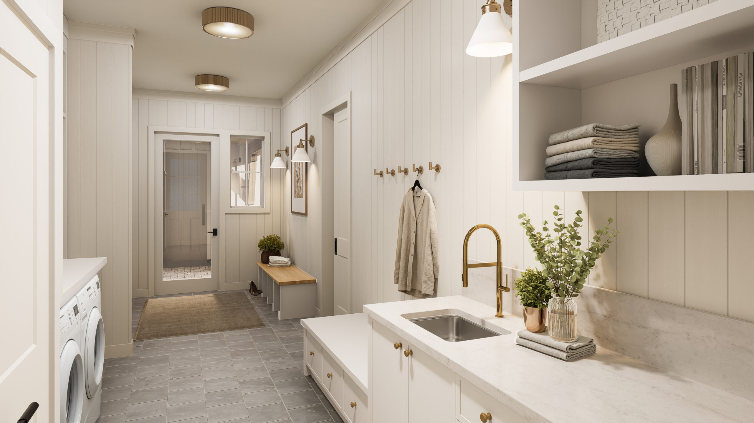 25027 – RN E-CRAFT_Modern Glen_INTMudroom.2025.06.25 1 Mudroom in a Modern Glen custom home featuring built-in cabinetry, open shelving, and a bench with storage drawers, set against a neutral color palette.