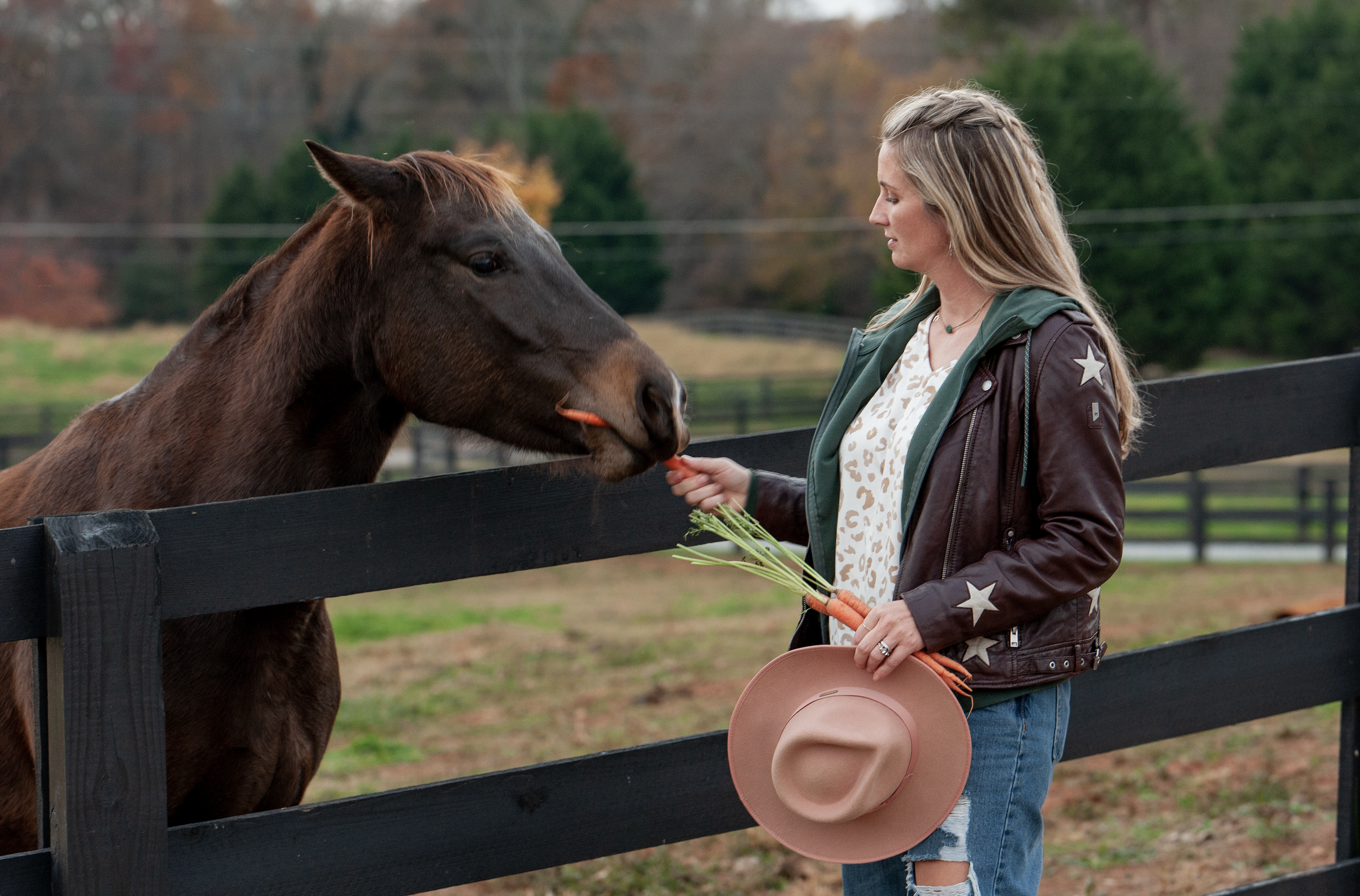 Feeding Horses Open pasture surrounding luxury custom mini farm home in Georgia