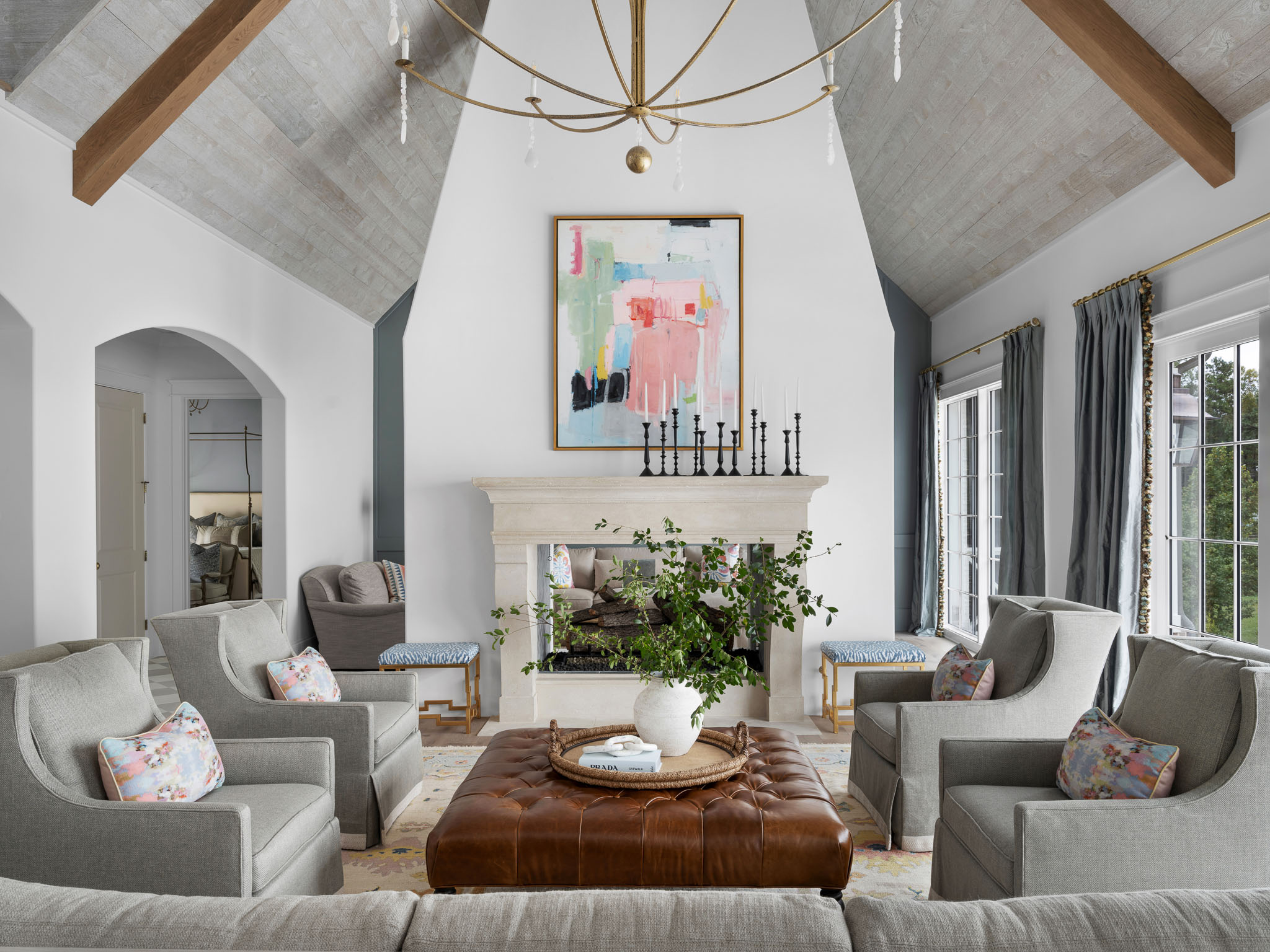 Ecraft rustic white living room interior design and build white rustic living room design with fireplace and vaulted ceilings custom built and designed by Ecraft Homes
